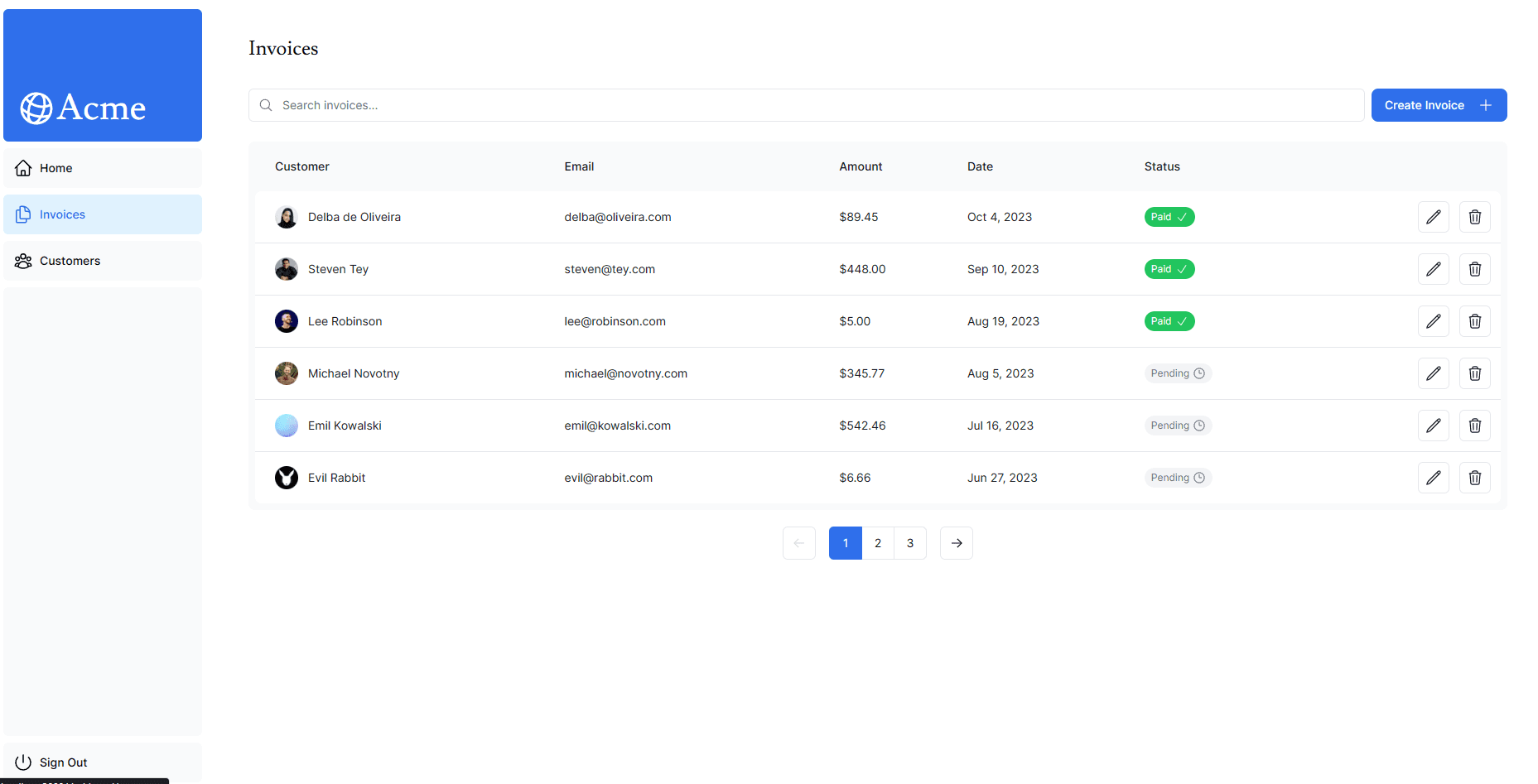 Screenshot of invoices page